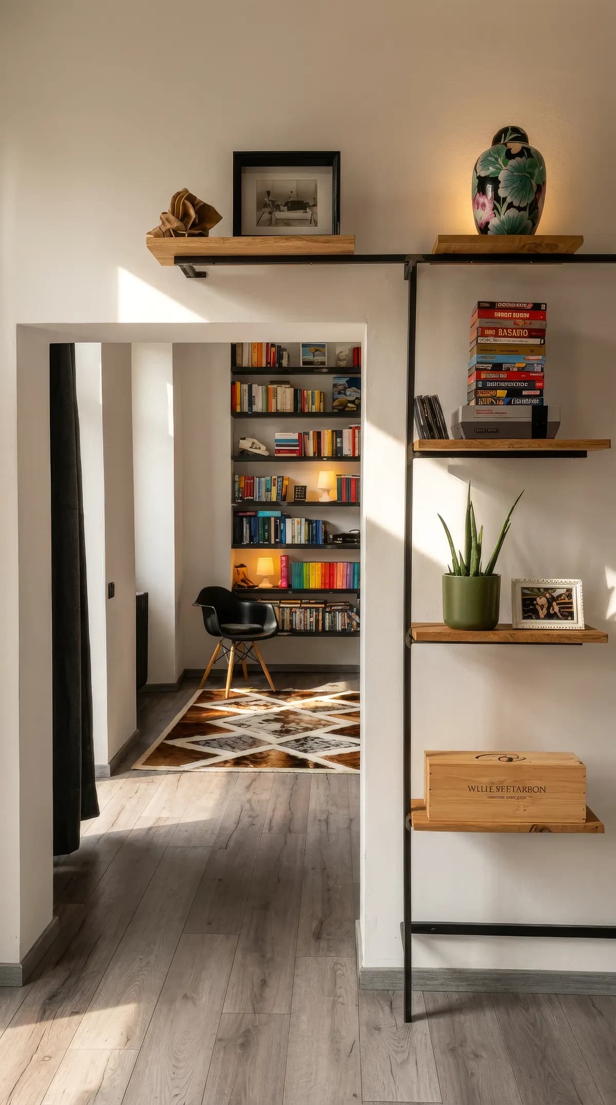 Libreria a giorno in ferro e legno di rovere